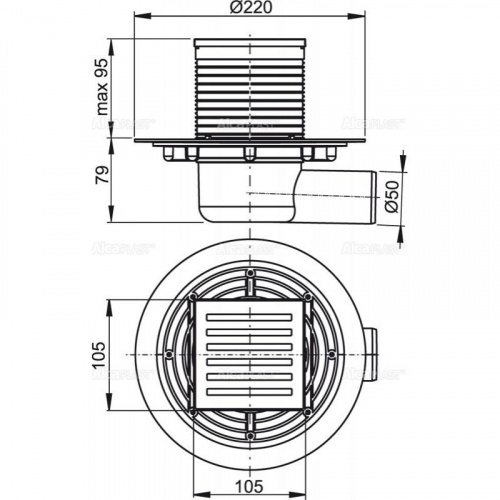 Сливной трап 105 × 105/50, подводка – боковая, решетка латунь-хром, гидрозатвор – мокрый, арт.APV103 фото 2