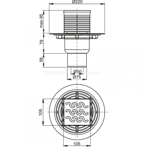 Сливной трап 105 × 105/50/75, подводка – прямая, решетка латунь-хром, гидрозатвор – мокрый, арт. APV фото 2