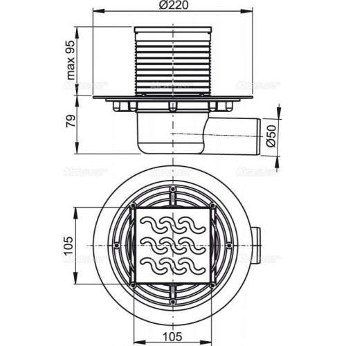 Сливной трап 105 × 105/50, подводка – боковая, решетка латунь-хром, гидрозатвор-мокрый, арт.APV102 фото 2