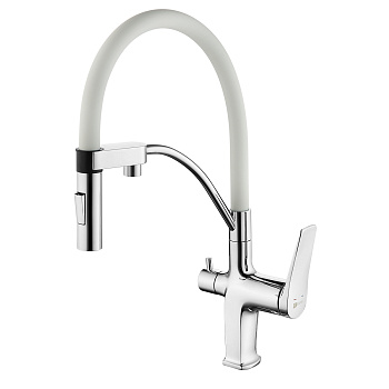 Смеситель Lemark Комфорт LM3074C-White для кухни, гибкий излив, подключение к фильтру, хром/белый
