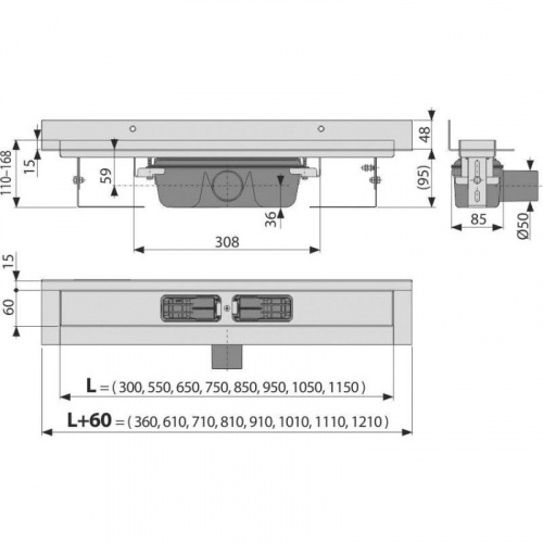 Водоотводящий желоб с порогами для цельной решетки и фиксированным воротником к стене, арт.APZ16-850 фото 2