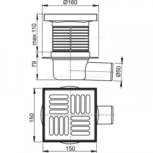 Сливной трап 150 × 150/50, подводка – боковая, решетка – нерж. сталь, гидрозатвор, арт.APV5411 фото 2