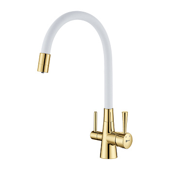 Смеситель Lemark Комфорт LM3075G-White для кухни, гибкий излив, подкл. к фильтру, золото/белый