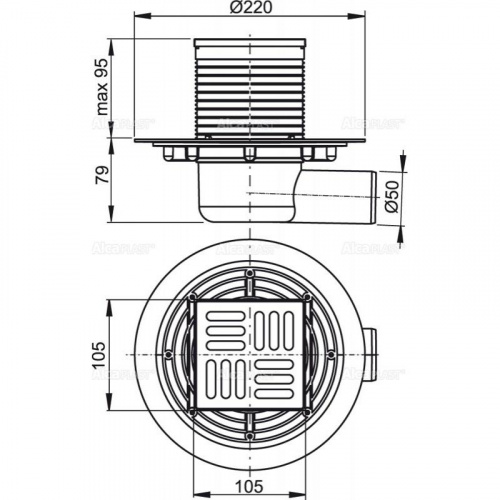 Сливной трап 105 × 105/50, подводка – боковая, решетка – нержавеющая сталь, гидрозатвор – комбиниров фото 2