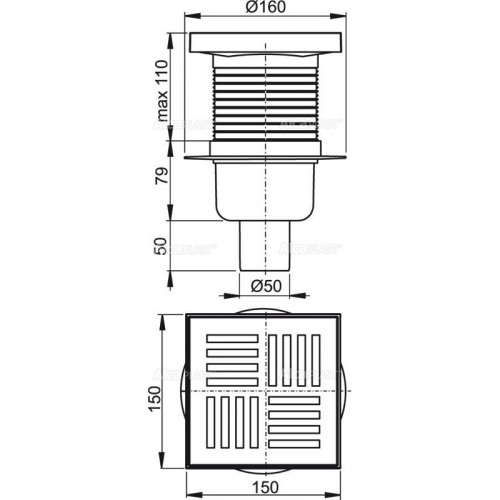 Сливной трап 150 × 150/50, подводка – прямая, решетка – серая, гидрозатвор – мокрый, арт. APV6211 фото 2
